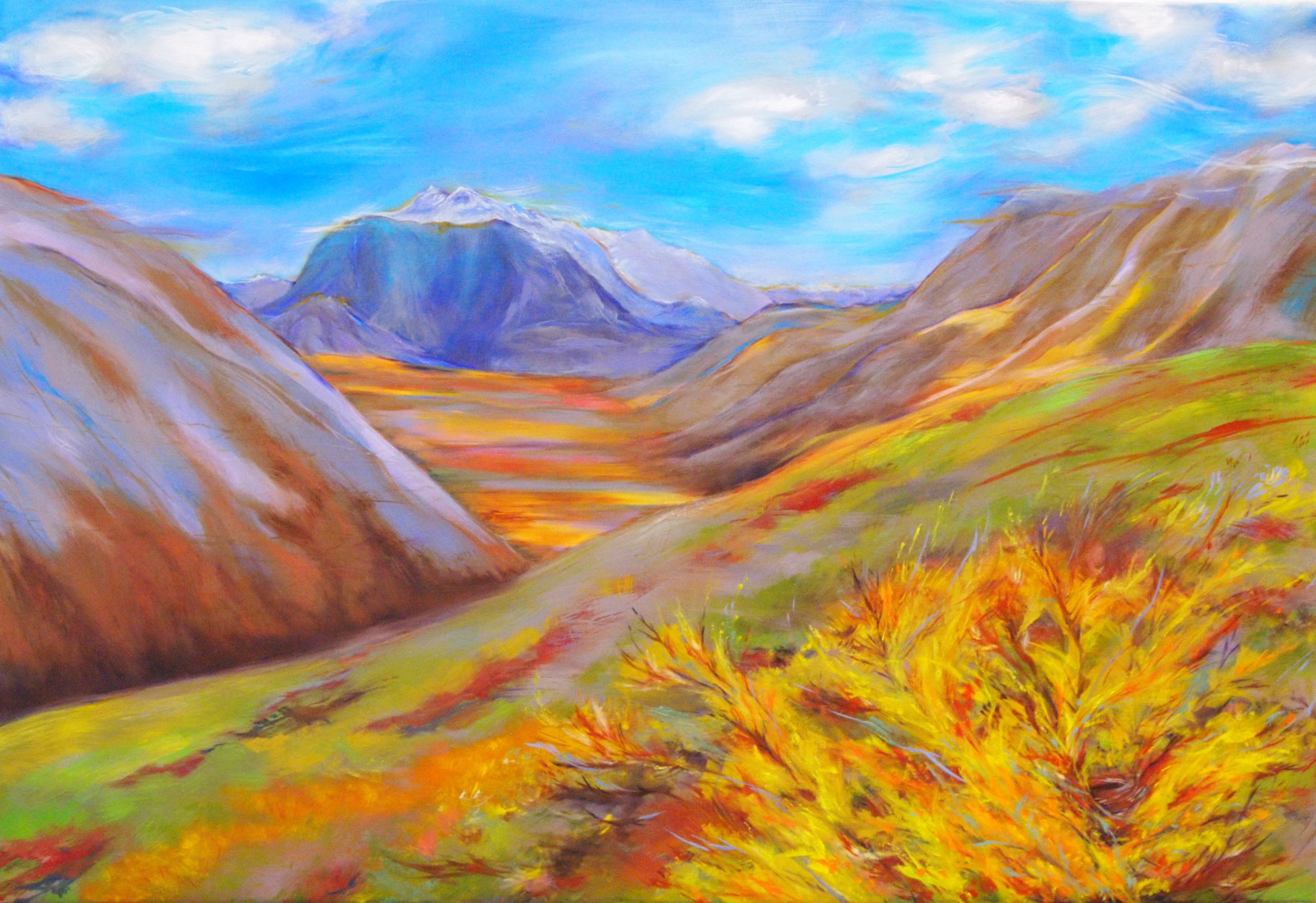 Artist-In-Residence MK MacNaughton created this dazzling painting for the National Park Service. It reflects her inspiration from a backcountry trip in Noatak National Preserve. Original painting of mountains and valley.
