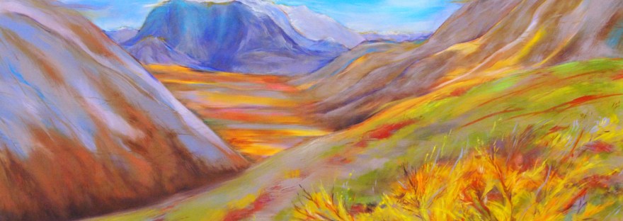 Artist-In-Residence MK MacNaughton created this dazzling painting for the National Park Service. It reflects her inspiration from a backcountry trip in Noatak National Preserve. Original painting of mountains and valley.