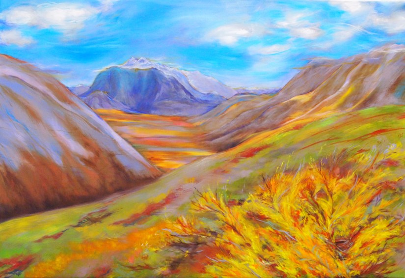 Artist-In-Residence MK MacNaughton created this dazzling painting for the National Park Service. It reflects her inspiration from a backcountry trip in Noatak National Preserve. Original painting of mountains and valley.