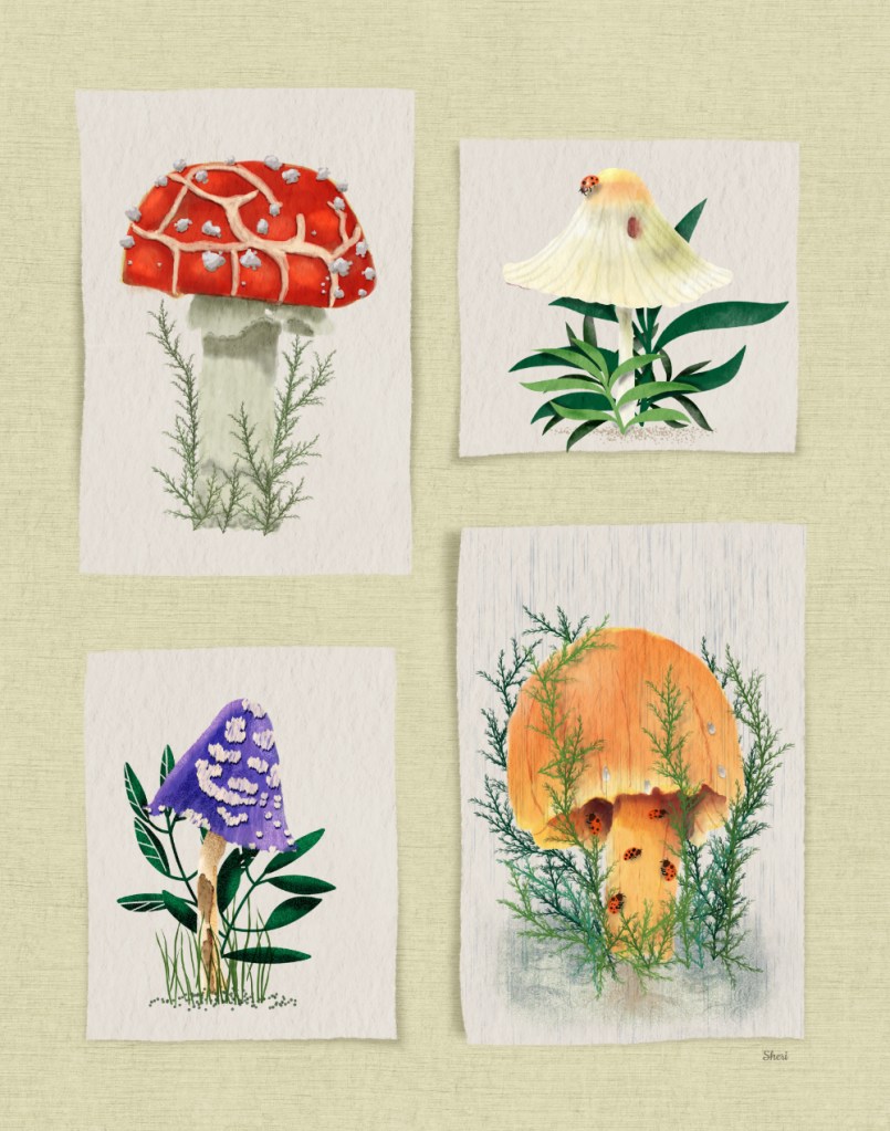 Watercolor of four distinct mushrooms; two with ladybugs; one in the rain