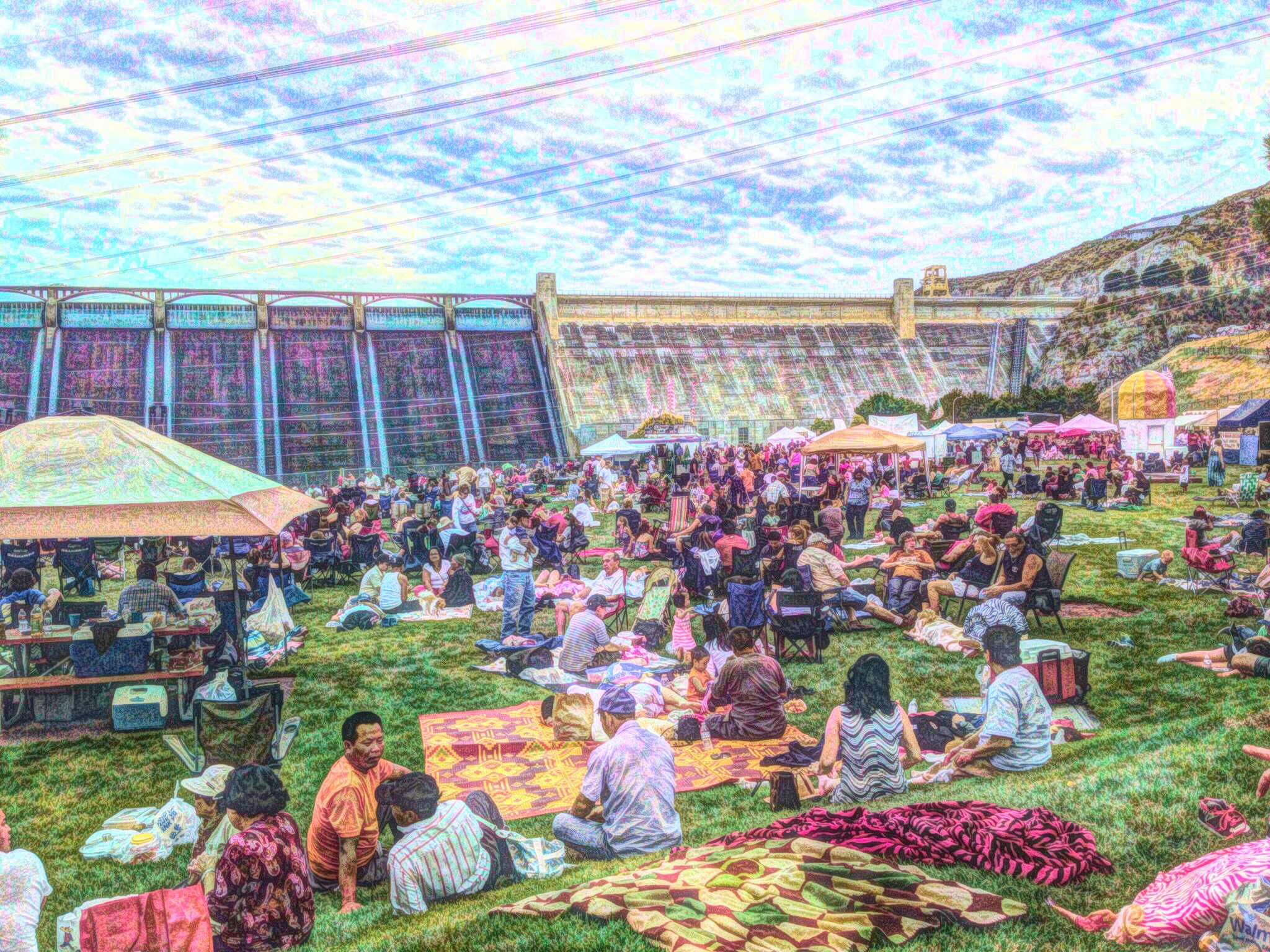 painterly, stylized photo of a crowd picnicking in front of Grand Coulee Dam for a Festival of America celebration July 4th, 2014