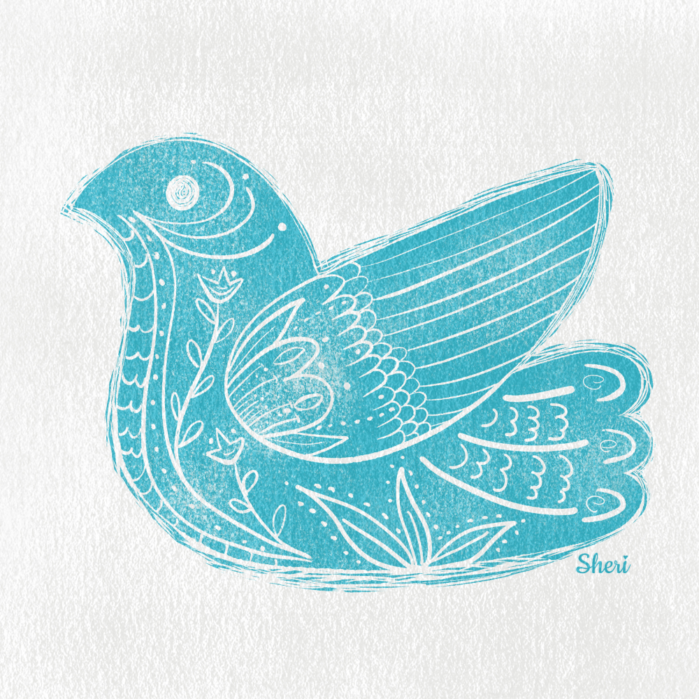 teal block print bird folk art by Sheri42