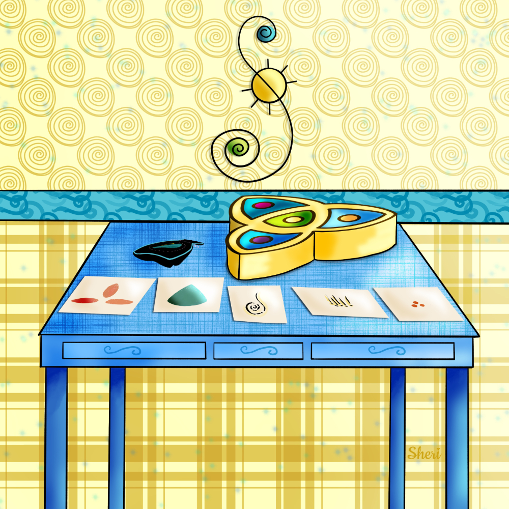 illustration of character Angie's table with her nexus box, pouch, and five symbols for Olivia