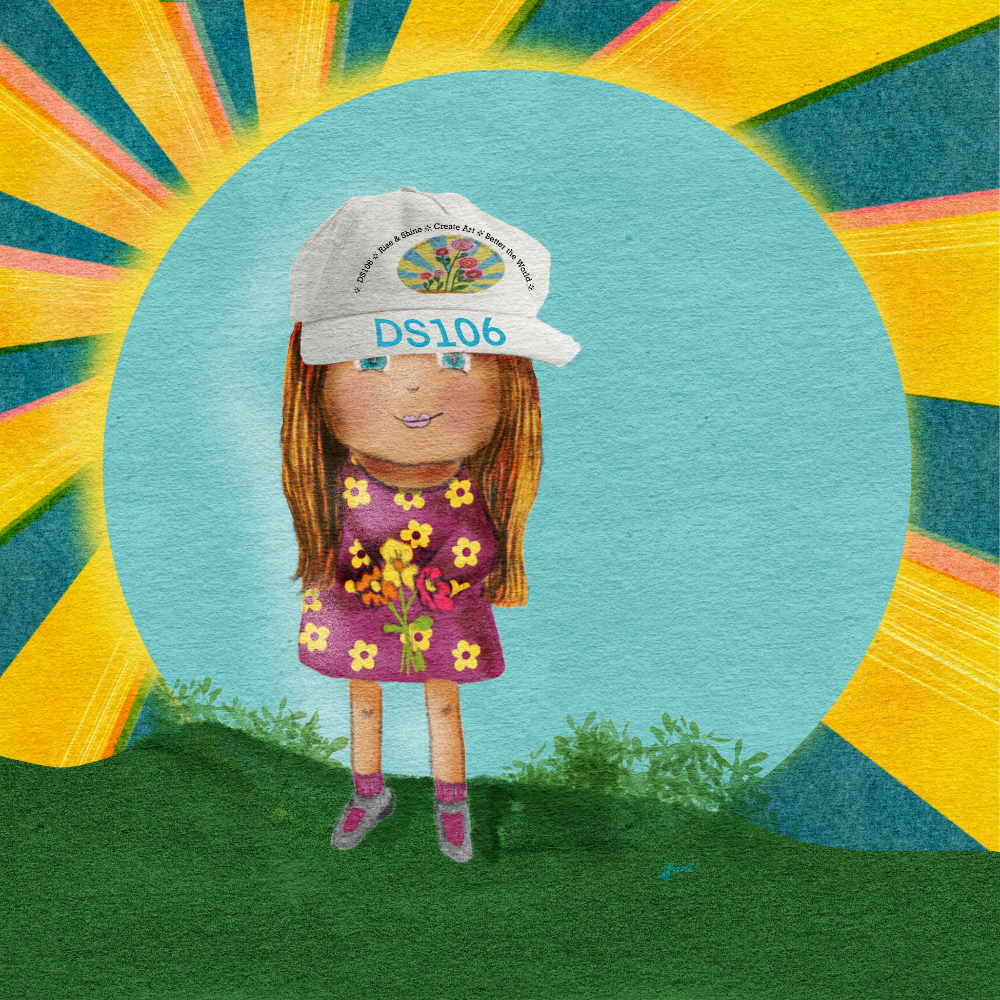 illustration of girl with DS106 baseball cap that says DS106 - Rise & Shine - Create Art - Better the World