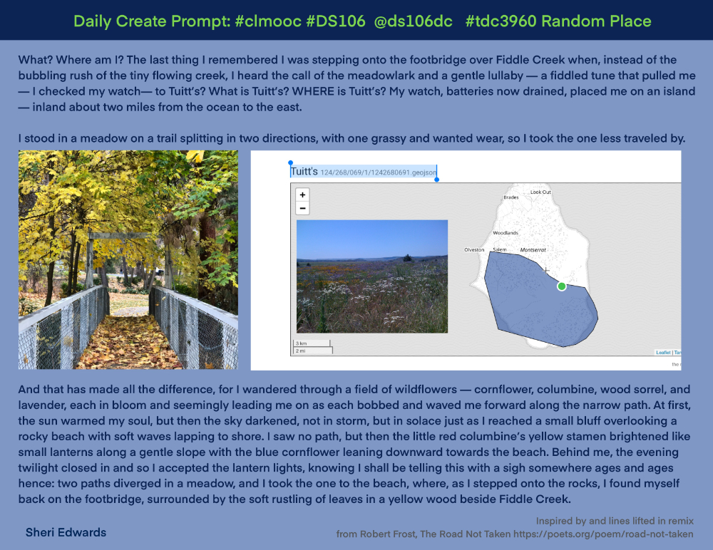 A bridge with autumn leaves canopy; a meadow, a map of some place called Tuitt's, I know not where and the text-- see post.