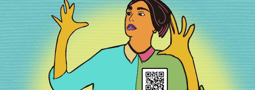 Stylized illustration of women signing “We are the World” with QR code to video