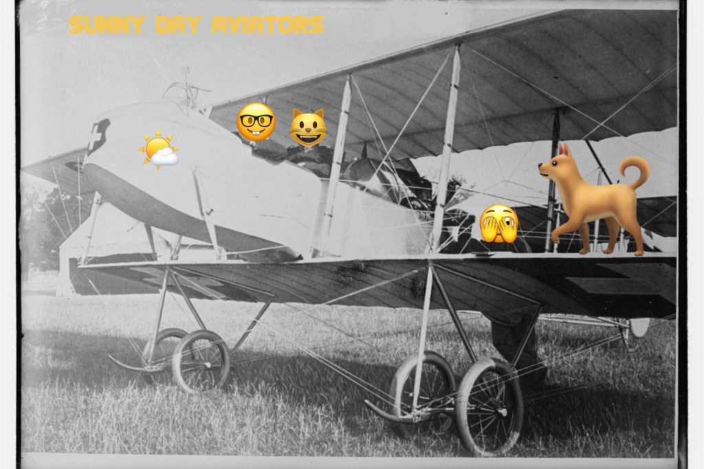 old airplane with 3 crew, now happy emojis with one dog on the wing