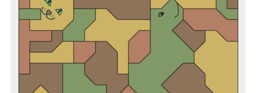 a puzzle in many colors with one looking like a dog and another a cat