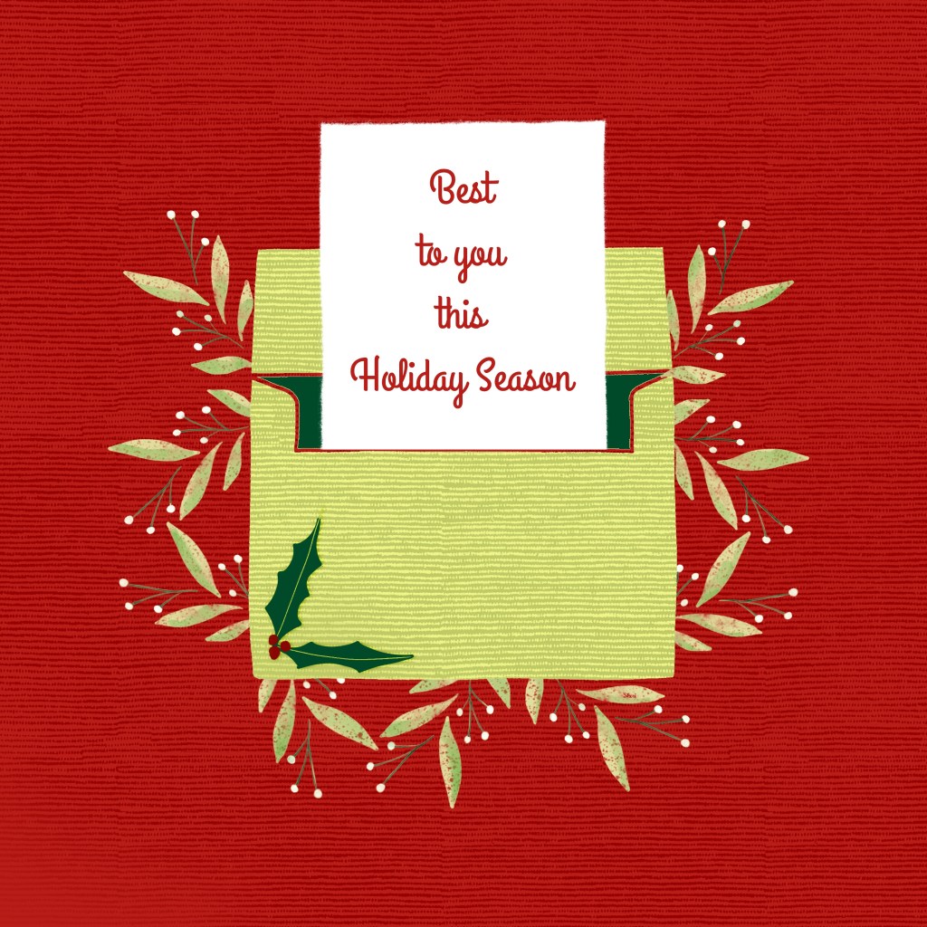 red textured linen background with a light green textured envelope adorned with holly and berries with foliage area around it and a message in side: Best to you this Holiday Season