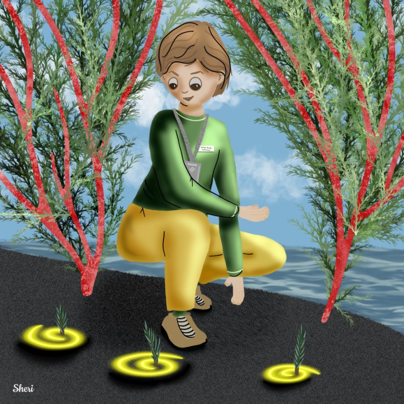 Joseph kneels by yellow flashing spirals by each rosemary sprout