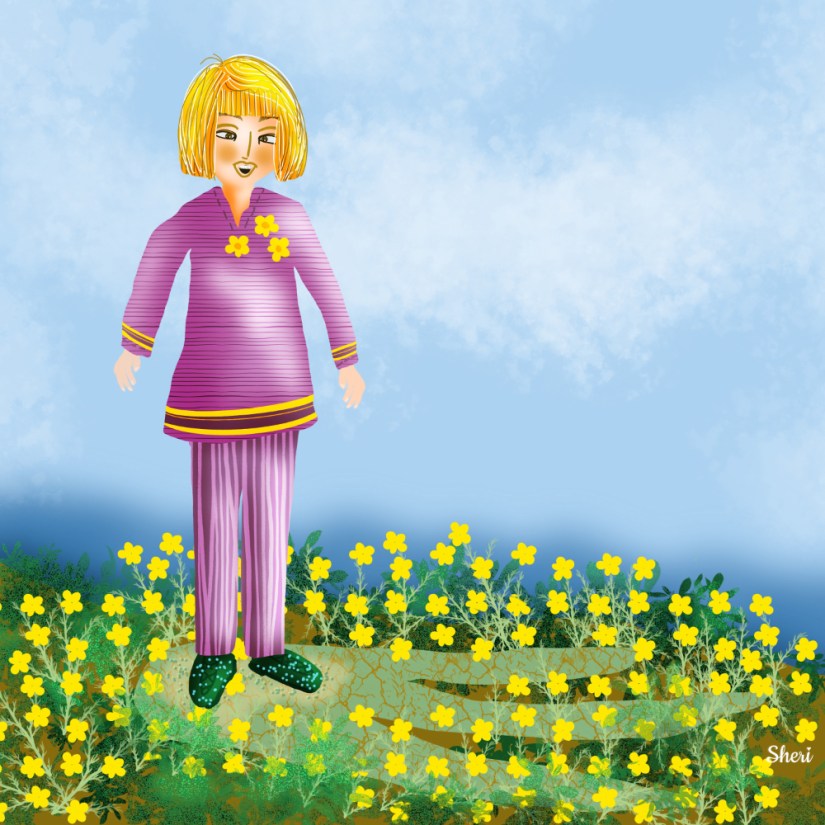 illustration of young golden-haired girl standing in a dragon footprint surrounded by wood sorrel with her shoes dotted with dragon dust