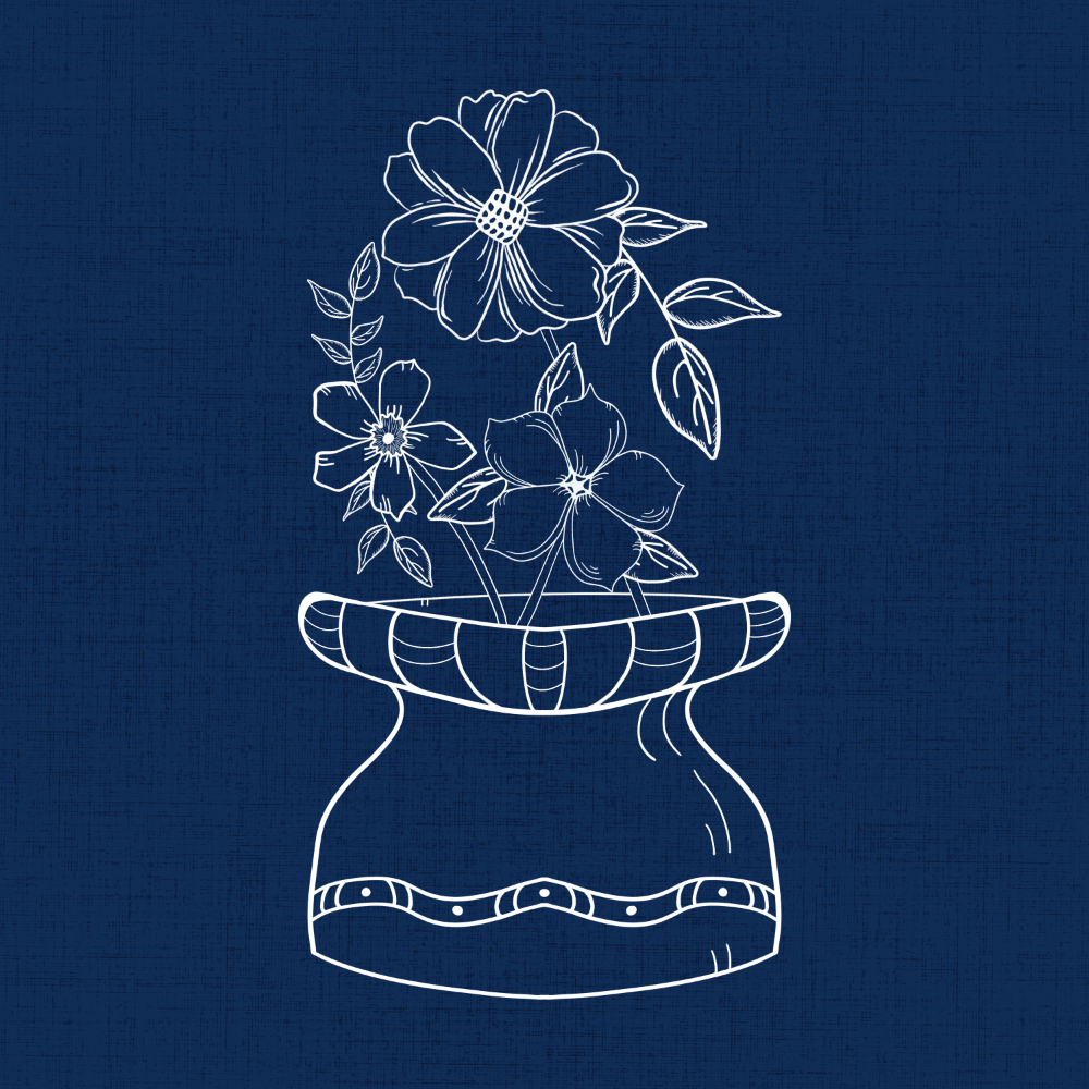 White On Blue white outline of three flowers in a vase on textured navy blue background