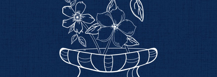 White On Blue white outline of three flowers in a vase on textured navy blue background
