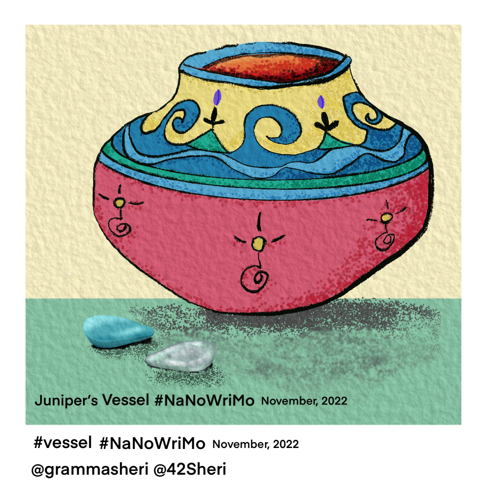 a vase / vessel with wavy top blue lines below a yellow background and a red lower half with a type of sun symbol, three of these evenly spaced