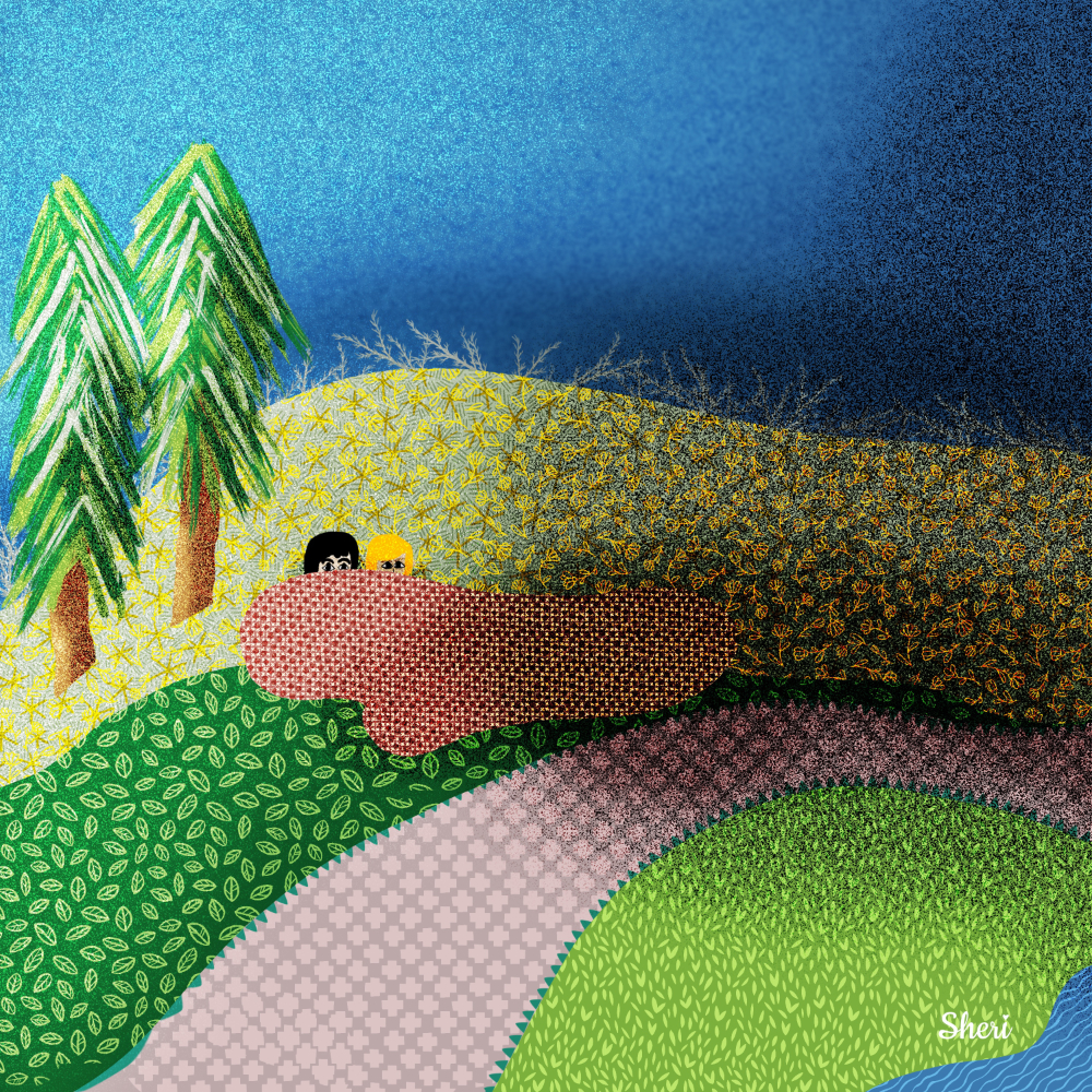 NaNoWriMo story stylized illustration of Angie and Olivia hiding behind the protection of the red granite from the shadow of another world