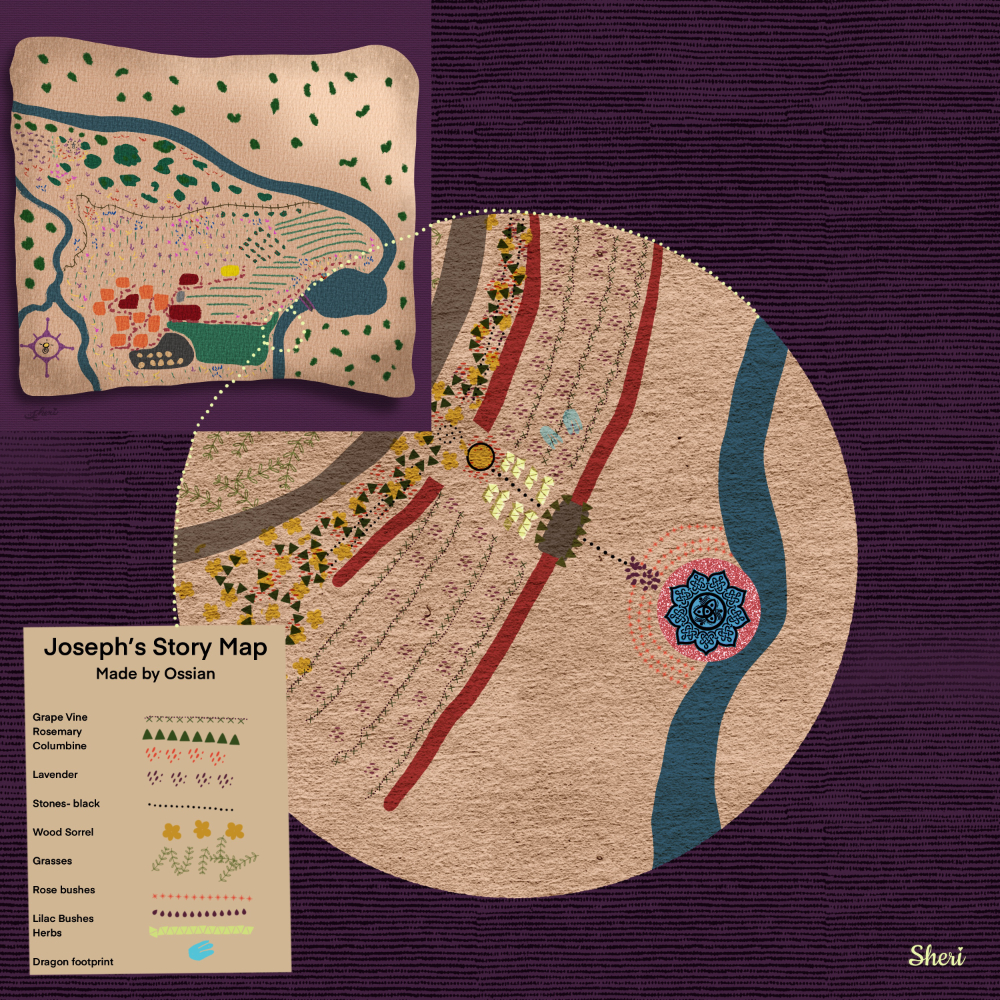 enlargement of a village map from the NaNoWriMo story by Sheri Edwards with indications of plants, walls, and a a sacred stone and engraving