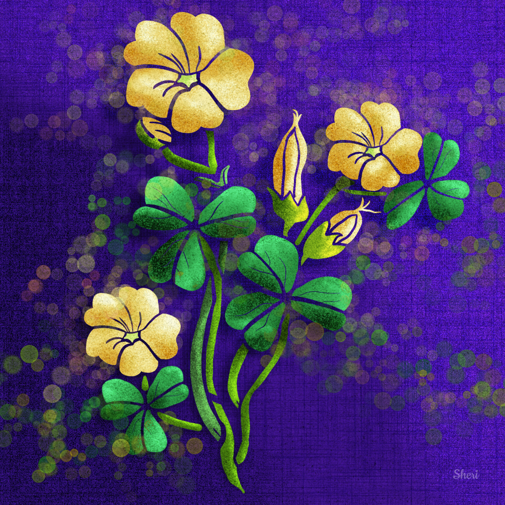 Wood Sorrel of yellow with its green heart leaves surrounded in the remnants of fairies dancing and swirling in greens, blues, yellows, orange over a background of purple with shadow in the lower left and light in the upper right.