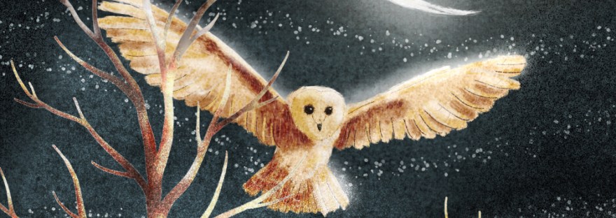 owl with wings outstretched beneath a wispy sky and crescent moon above a winter landscape of bare, but partially lit trees from the moonlight, which also highlights the top of the owl and its wings