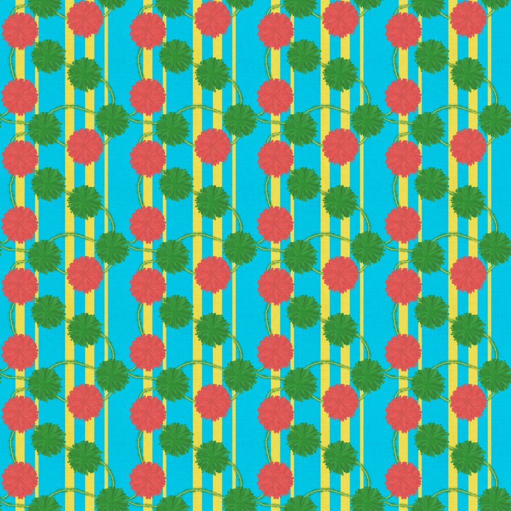 Red and green Pom poms strung together in front of a teal background with yellow stripes.