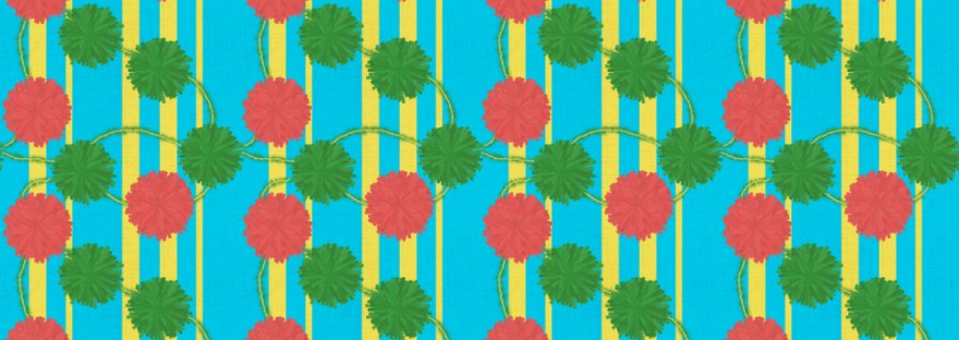 Red and green Pom poms strung together in front of a teal background with yellow stripes.