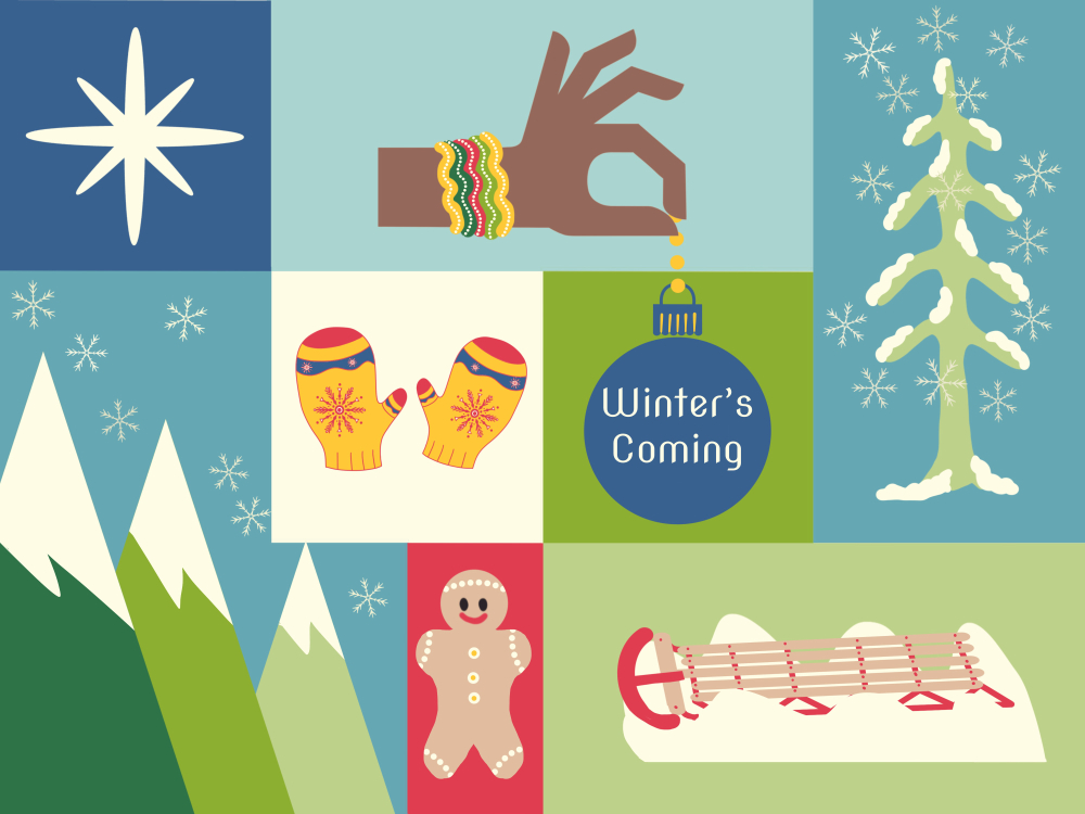retro mid-century style winter illustration in squares and rectangles of winter colors with snowy mountains, star, gingerbread cookie, sled, mittens, snowy tree, snowflakes and ornament that says winter's coming