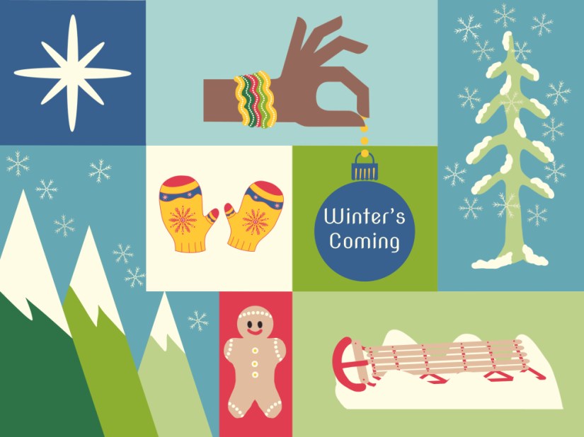 retro mid-century style winter illustration in squares and rectangles of winter colors with snowy mountains, star, gingerbread cookie, sled, mittens, snowy tree, snowflakes and ornament that says winter's coming
