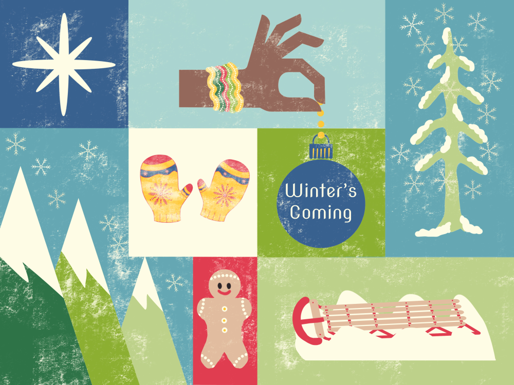 retro mid-century style winter illustration in squares and rectangles of winter colors with snowy mountains, star, gingerbread cookie, sled, mittens, snowy tree, snowflakes and ornament that says winter's coming—background squares are textured