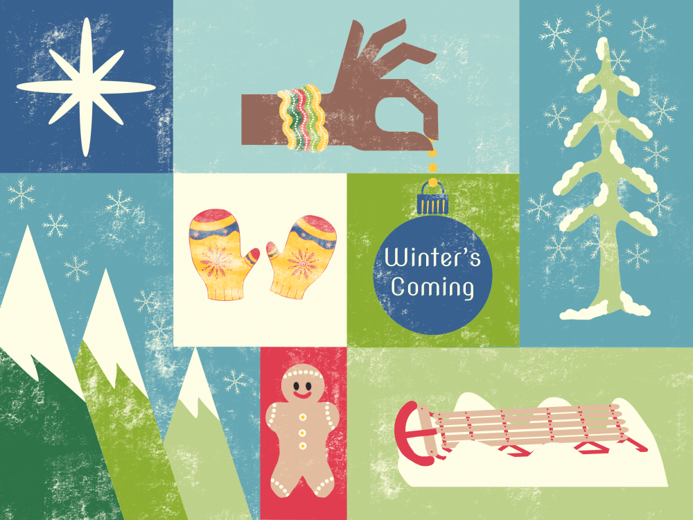 retro mid-century style winter illustration in squares and rectangles of winter colors with snowy mountains, star, gingerbread cookie, sled, mittens, snowy tree, snowflakes and ornament that says winter's coming—background squares are textured