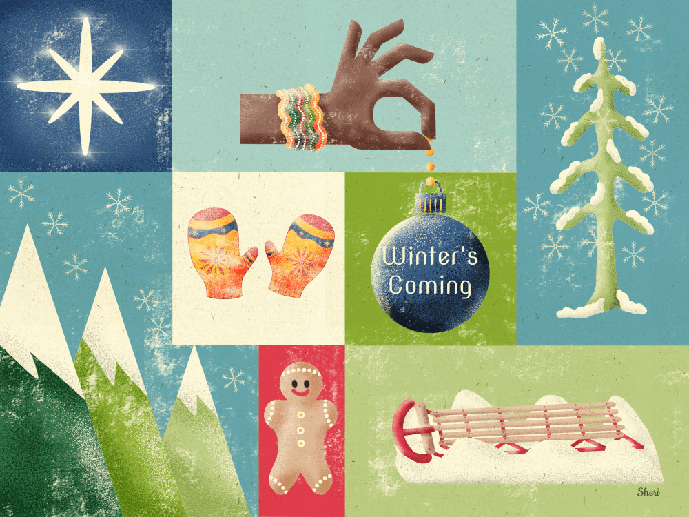 retro mid-century style winter illustration in squares and rectangles of winter colors with snowy mountains, star, gingerbread cookie, sled, mittens, snowy tree, snowflakes and ornament that says winter's coming—background squares are textured and elements are shaded