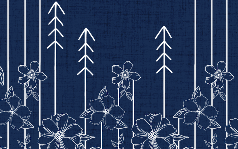 white on blue: stylized trees and flowers on navy canvas