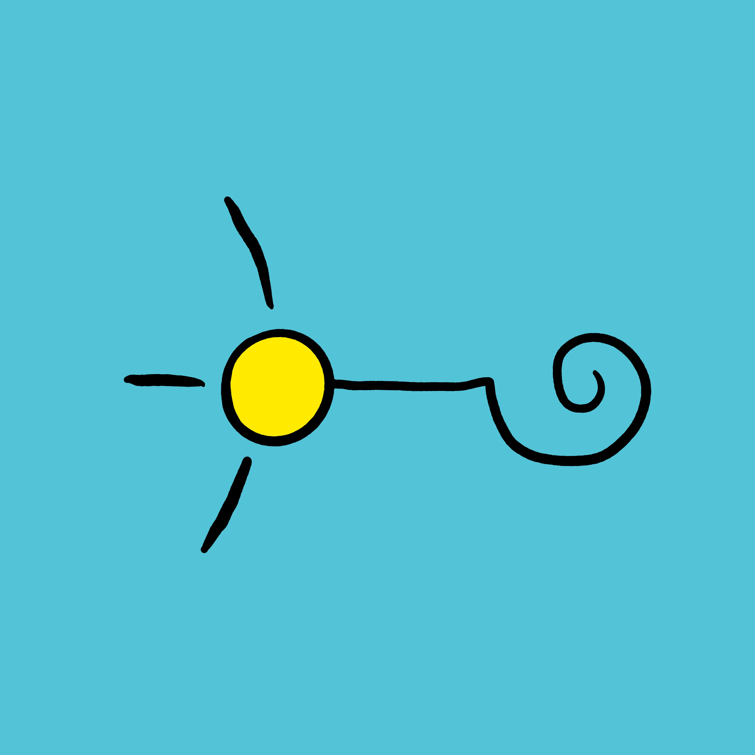 A sun with three black rays and one ray is an upside down question mark facing left