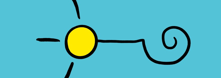 A sun with three black rays and one ray is an upside down question mark facing left