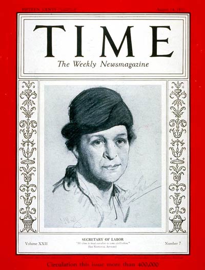 Public domain Time magazine cover for Frances Perkins as Secretary of Labor 1933-1945
