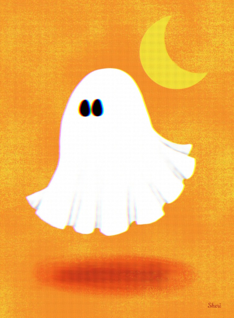 Ghost floating on orange background with crescent moon in halftone vintage style