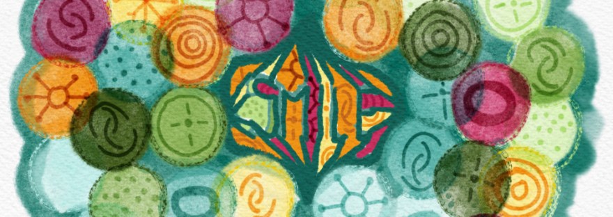 wreath of mostly blue, green, with a few yellow, red, magenta circles, most with lines and circle designs