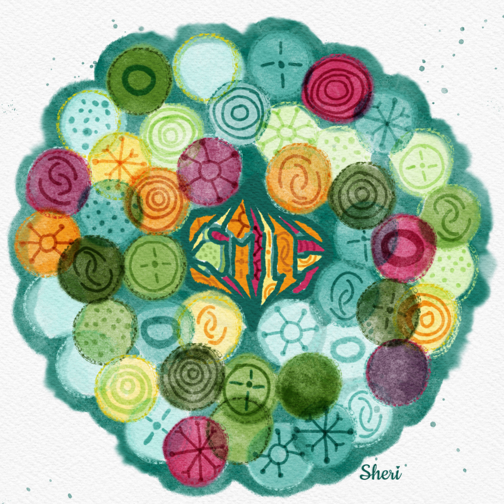 wreath of mostly  blue, green, with a few yellow, red, magenta circles, most with lines and circle designs