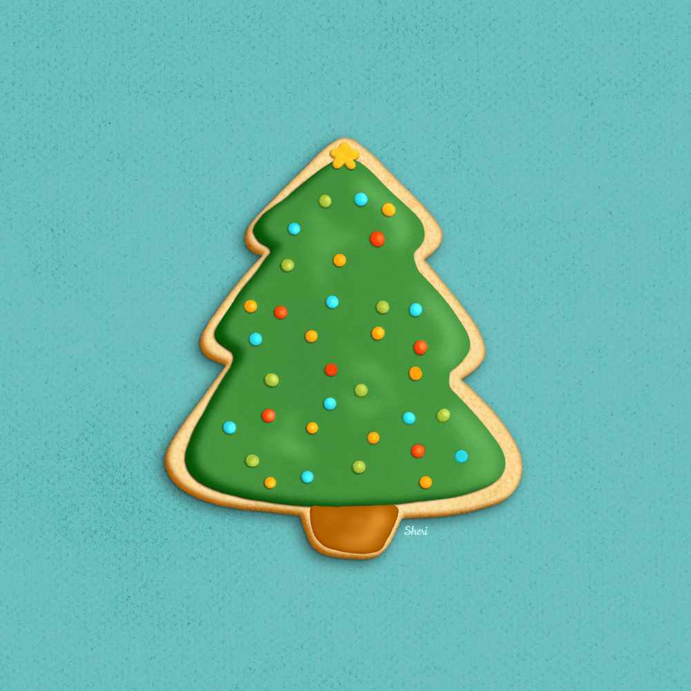 frosted holiday Christmas tree cookie with colorful ornaments and a yellow star on a bright teal, textured background