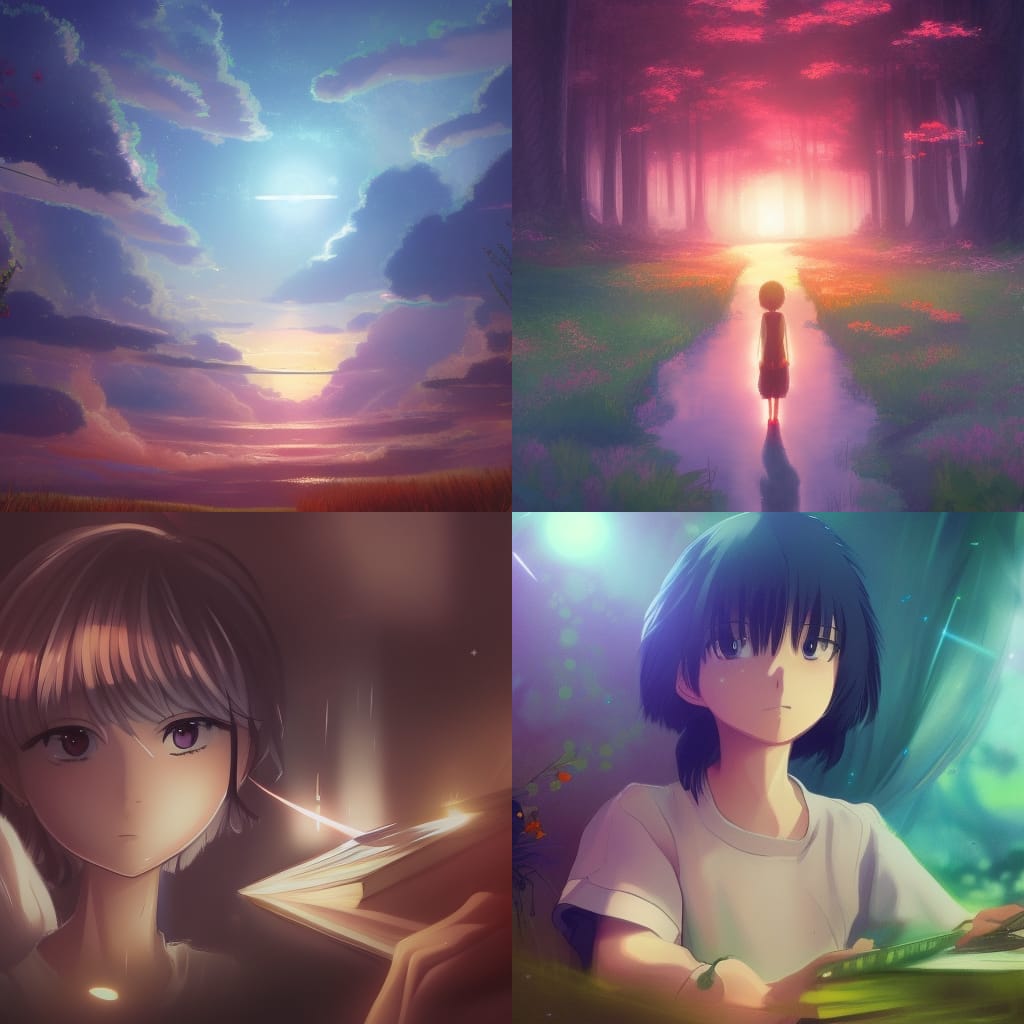 four images, clockwise: sunset sky, silhouette of person on a path into the forest;  anime with device on top of stack of papers; anime holding a book
