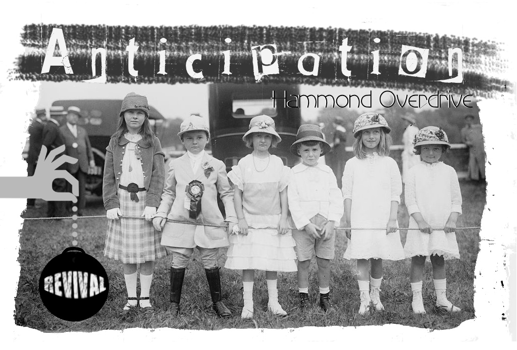 Old 1900s picture of kids in a line outside behind a rope looking forward As an album cover for a fake band Hammond Overdrive’s Anticipation [Revival]