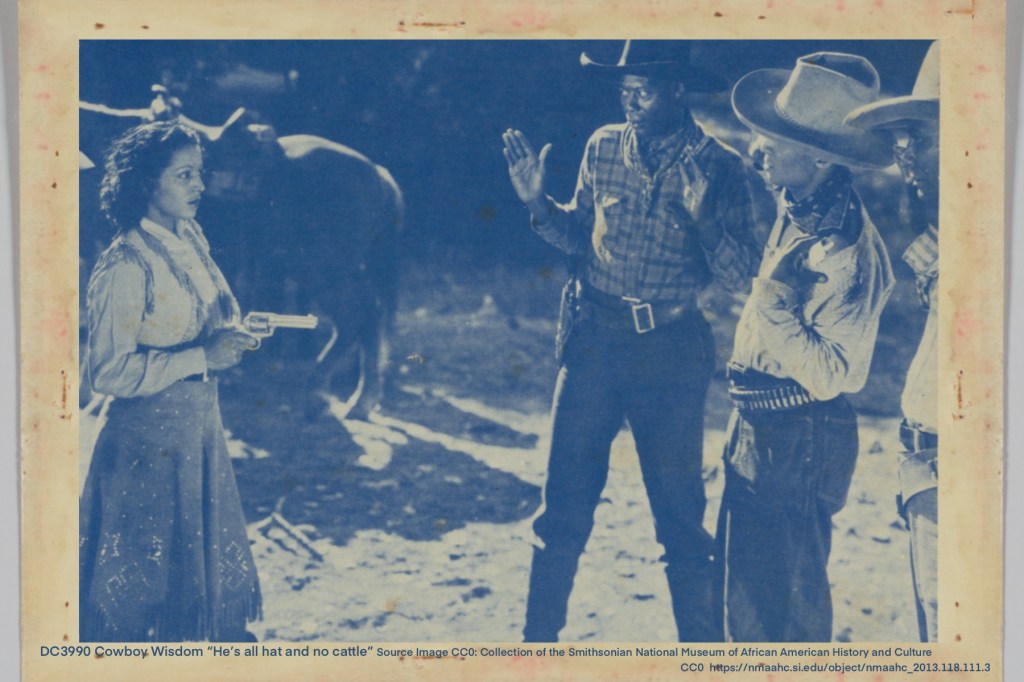 black and white image of a woman pointing a pistol at three men, wearing cowboy hats, bandanas, and hip holsters