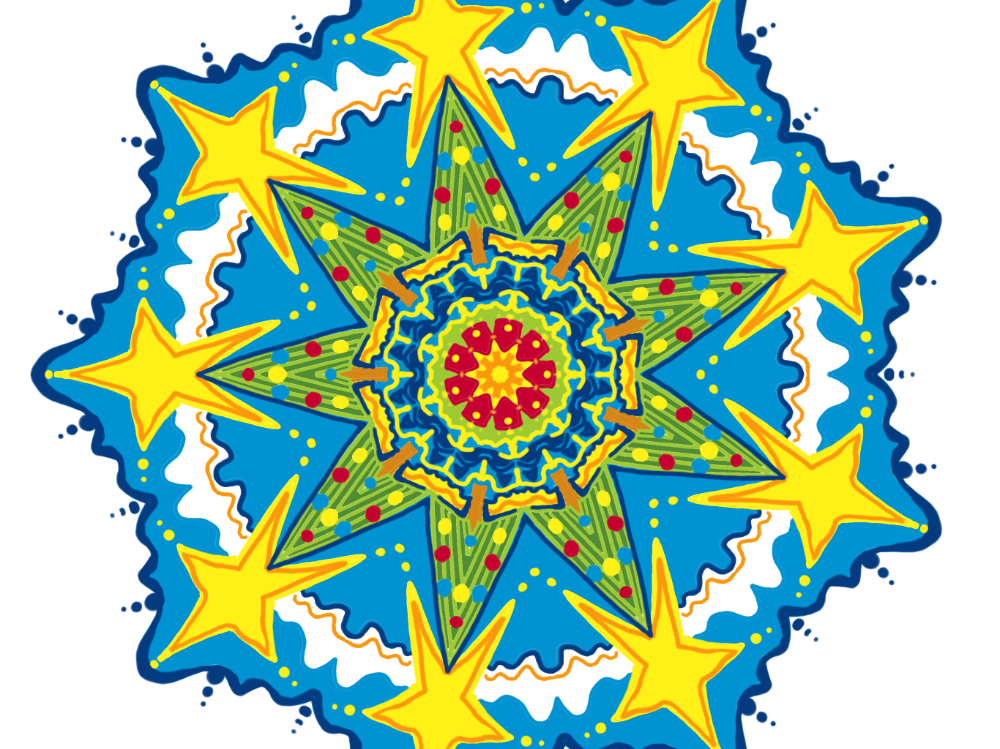 Mandala of Holiday tree with large yellow star in the clouds with sky of blue