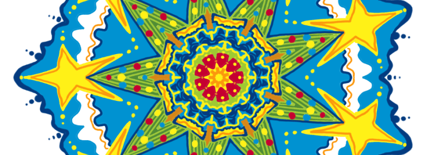 Mandala of Holiday tree with large yellow star in the clouds with sky of blue