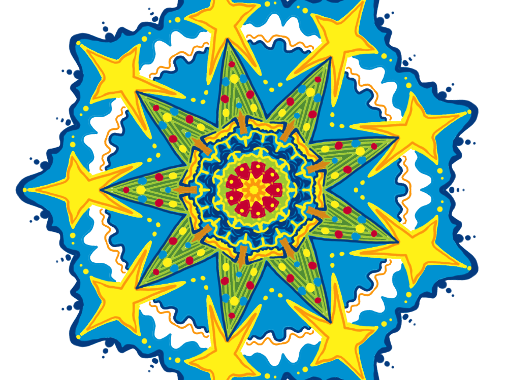 Mandala of Holiday tree with large yellow star in the clouds with sky of blue