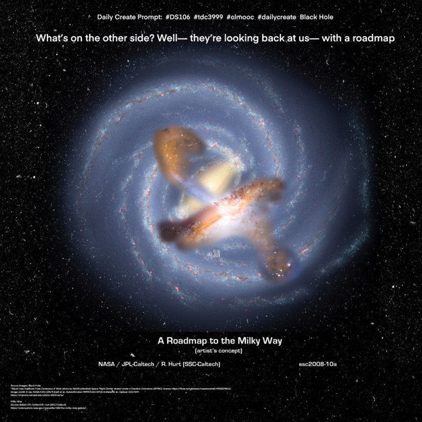 Daily Create Prompt: #DS106 #tdc3999 #clmooc #dailycreate Black Hole What’s on the other side? Well— they’re looking back at us— with a roadmap https://flic.kr/p/2o7PhYU Mashup of Black Hole with Milky Way Galaxy behind Source Images Black Hole: “Black Hole Outflows From Centaurus A” flickr photo by NASA’s Marshall Space Flight Center shared under a Creative Commons (BY-NC) license https://flickr.com/photos/nasamarshall/49385398161 Image credit: X-ray: NASA/CXC/CfA/R.Kraft et al.; Submillimeter: MPIfR/ESO/APEX/A.Weiss et al.; Optical: ESO/WFI https://chandra.harvard.edu/photo/2009/cena/ Milky Way Source: NASA/JPL-Caltech/R. Hurt (SSC/Caltech) https://solarsystem.nasa.gov/resources/285/the-milky-way-galaxy/