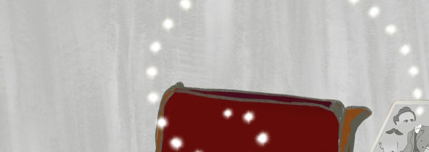 Vintage style photo of empty chair with only a vintage bow tie on the seat as swirled stars loop into a computer where a Picasso-mix of person parts appears