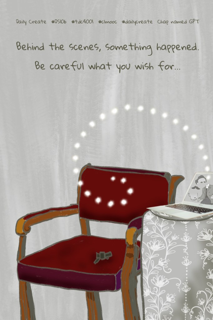 Vintage style photo of empty chair with only a vintage bow tie on the seat as swirled stars loop into a computer where a Picasso-mix of person parts appears
