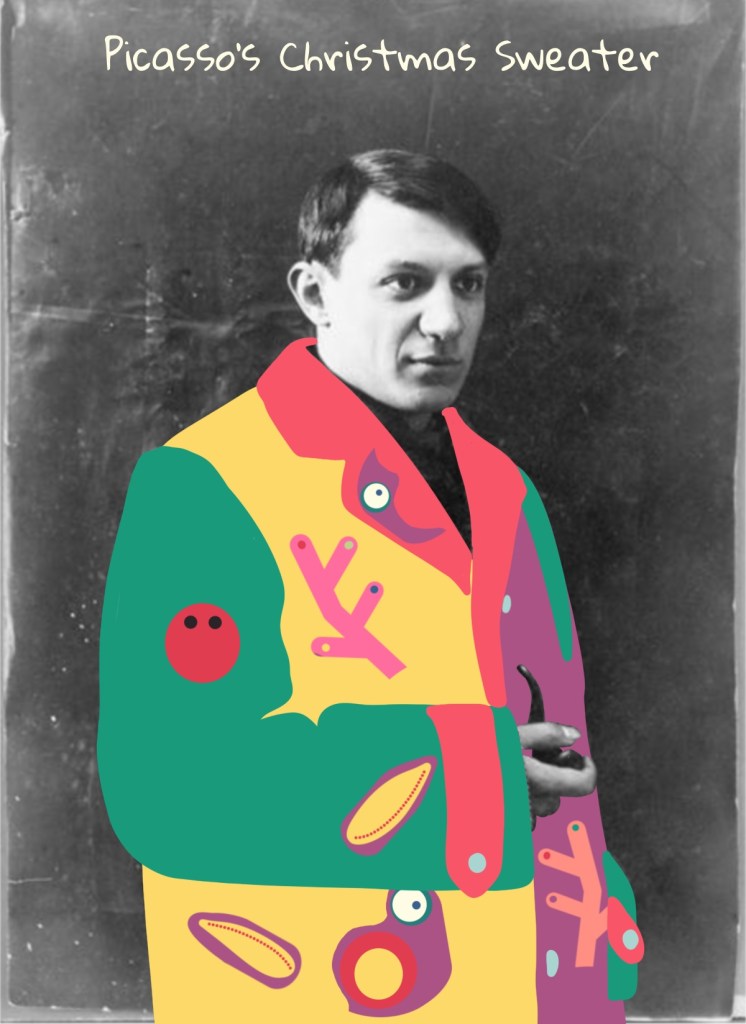 Photo Doodle of Picasso wearing a typical Picasso Rudolph sweater