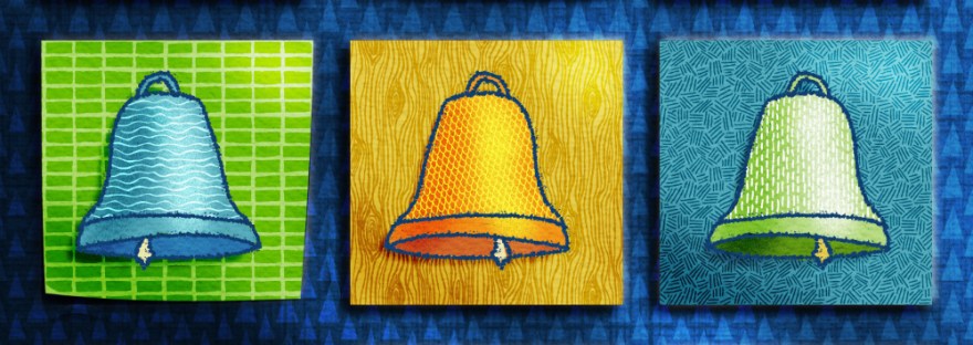 Illustration of nine brightly colored bells with different patterns on patterned paper stuck to a patterned bulletin board