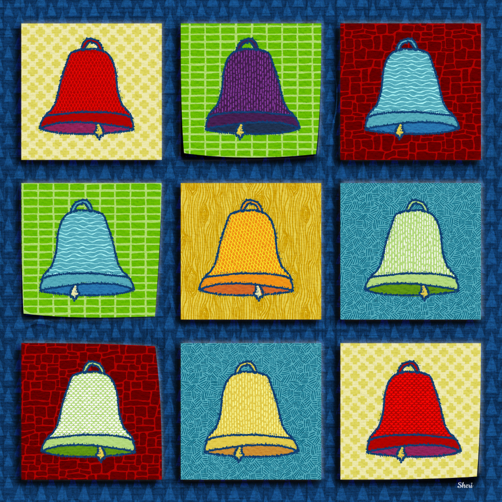 Illustration of nine brightly colored bells with different patterns on patterned paper stuck to a patterned bulletin board