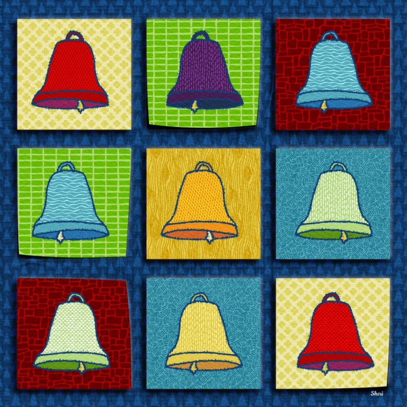Illustration of nine brightly colored bells with different patterns on patterned paper stuck to a patterned bulletin board